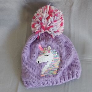Beanie Hat, Light Purple Knit with Sequined Unicorn and Multicolor Poofy Pom Pom